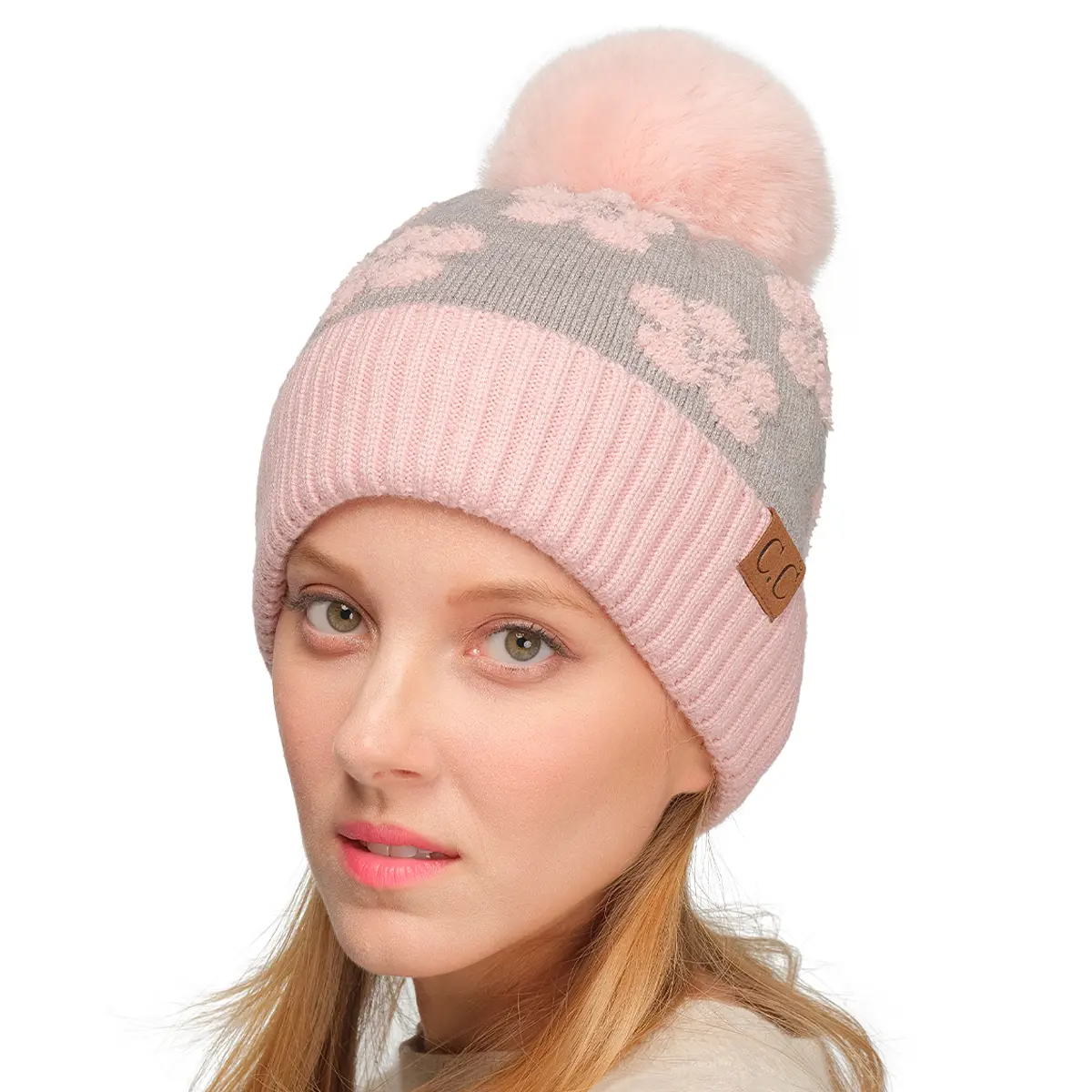 C.C Cozy Daisy Pattern Plush Yarn Pom Beanie Hat for Women – Soft, Stylish, and Floral-Inspired Winter Wardrobe Must-Have casual knit