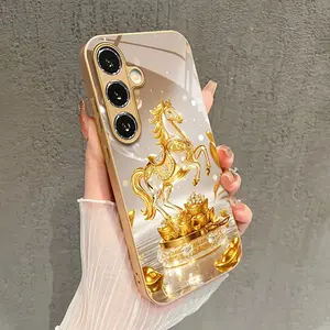 Gold Horse Treasure Decorative Wallpaper, Luxury Tempered Glass, Anti-Drop Full Coverage Phone Case for Samsung Galaxy Series