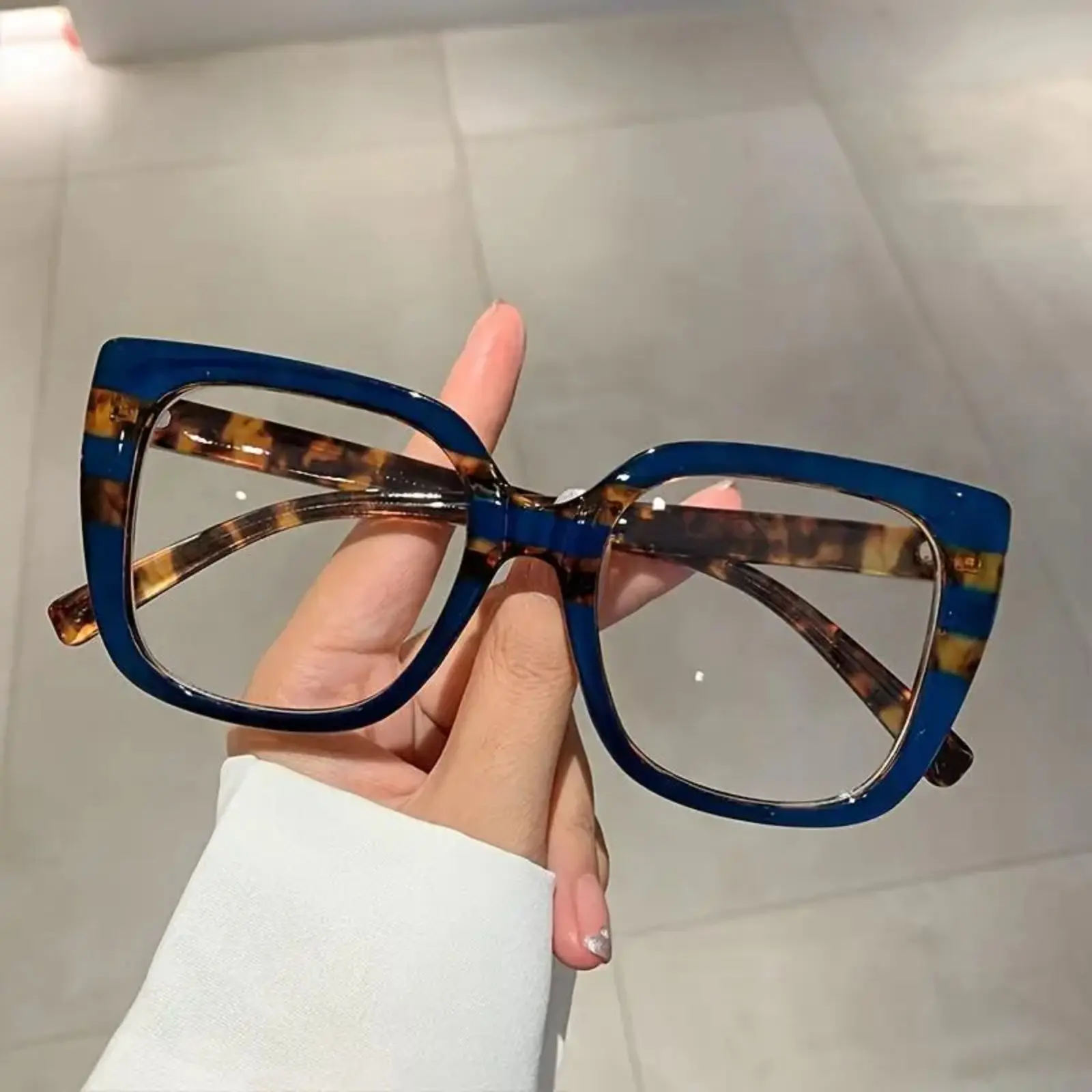 Trendy Square Frame Fashion Accessory Eyewear - Summer Color Block Full Rim, Non-Prescription Leopard Pattern Eyeglasses with Black-Dark Green Print Chain, for Daily Wear Sports & Outdoor Use