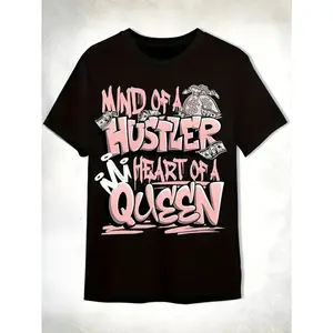 Hustler Heart Queen Unisex Matching 11s Low Legend Graphic T-Shirt - Black/White/Pink "Mind of a Hustler Queen" Slogan & Dollar Sign Design, Soft Breathable Crew Neck Short Sleeve Tee for Men & Women, Casual Streetwear, Everyday Fit