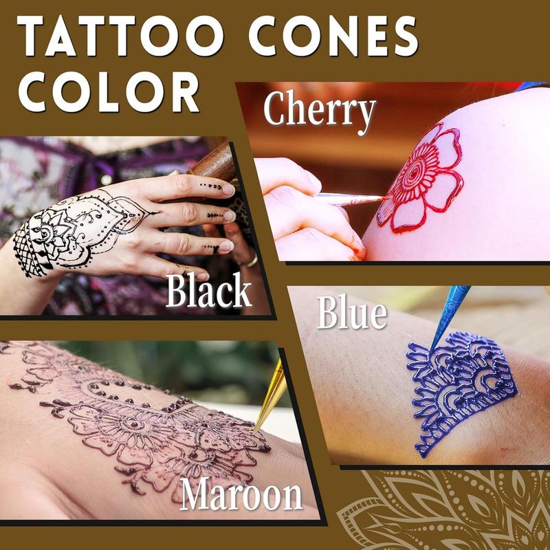 Temporary Tattoo Stencil Kit, 4 Pcs Tattoo Cones 4 Color (Black/Maroon/Cherry Red/Blue) 44 Tattoos Templates and Cotton Swabs, DIY Body Art Skin Painting Designs for Women Men Adult Girl Gifts