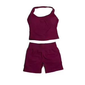 Women’s 2-piece fitness set: gym outfit featuring a wide-strap seamless knit tank top with built-in bra pads and high-waisted shaping shorts; yoga set/yoga outfit made of breathable, form-fitting activewear