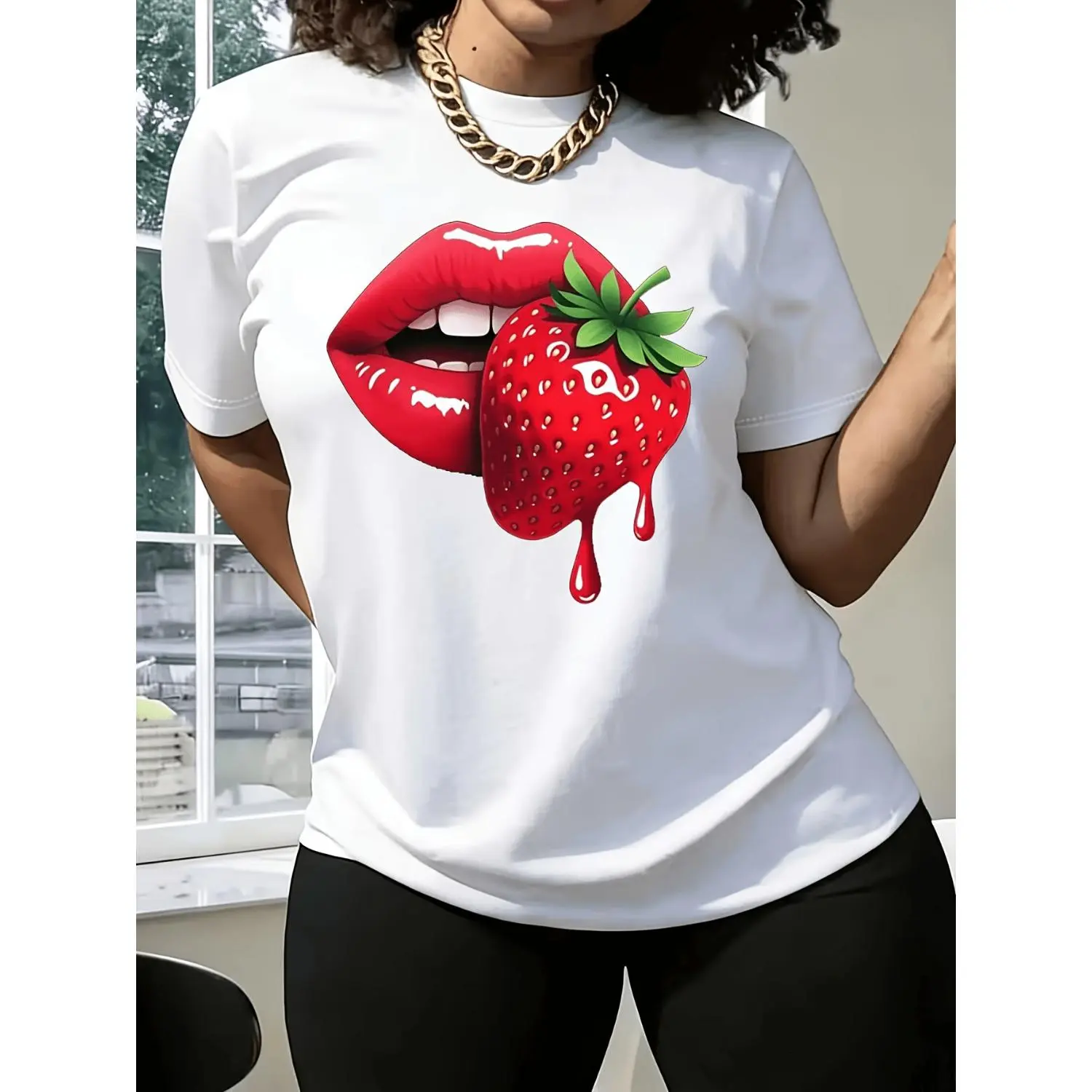 Women's Casual T-Shirt, Strawberry Lip Graphic Print Short Sleeve Top, Soft Cotton Blend Crew Neck for Everyday Wear, Casual Everyday Tops