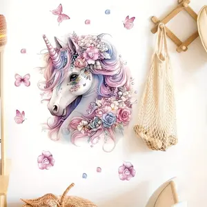 Dreamy Unicorn Sticker, Floral Pattern Sticker, Decorative Wall Decal for Living Room Entryway Bedroom, Removable PVC Self-Adhesive Art