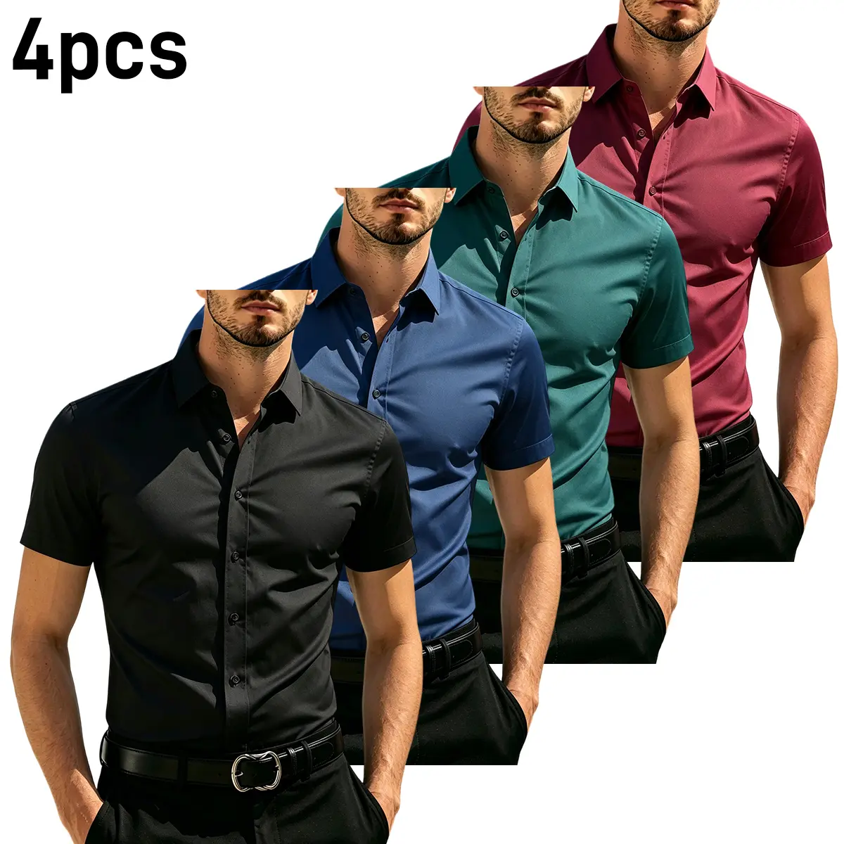 Set of 4 summer short-sleeve shirts for men—professional work shirts with a turn-down collar and button closure; suitable for business casual wear, everyday outings in summer, and commuting.