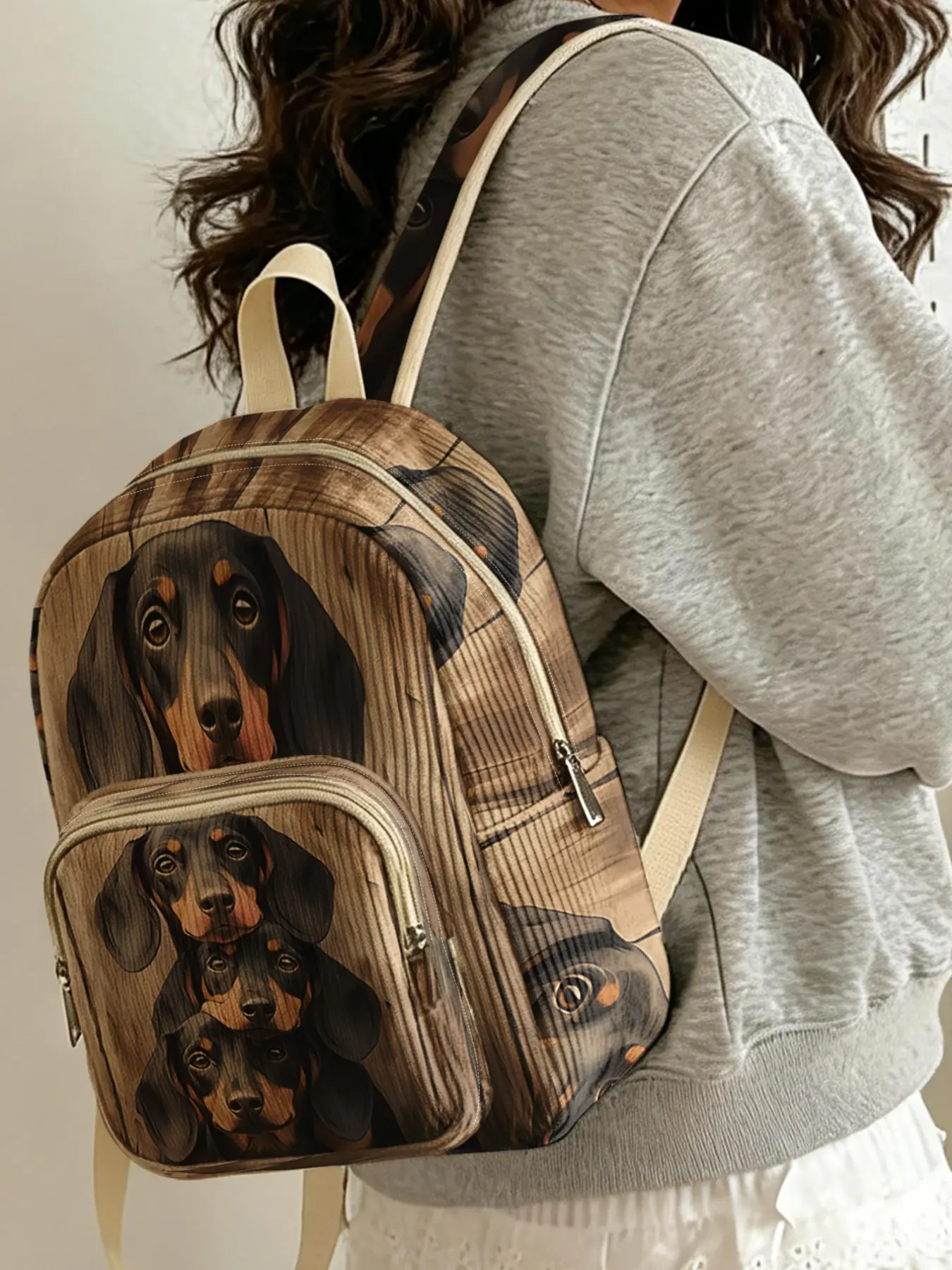 1 piece of lady's backpack with 2D print of dachshund pattern, corduroy texture + layered storage + light and easy to carry | Perfect for students to go to class, shopping, traveling, or short trips | Combines atmosphere with practicality
