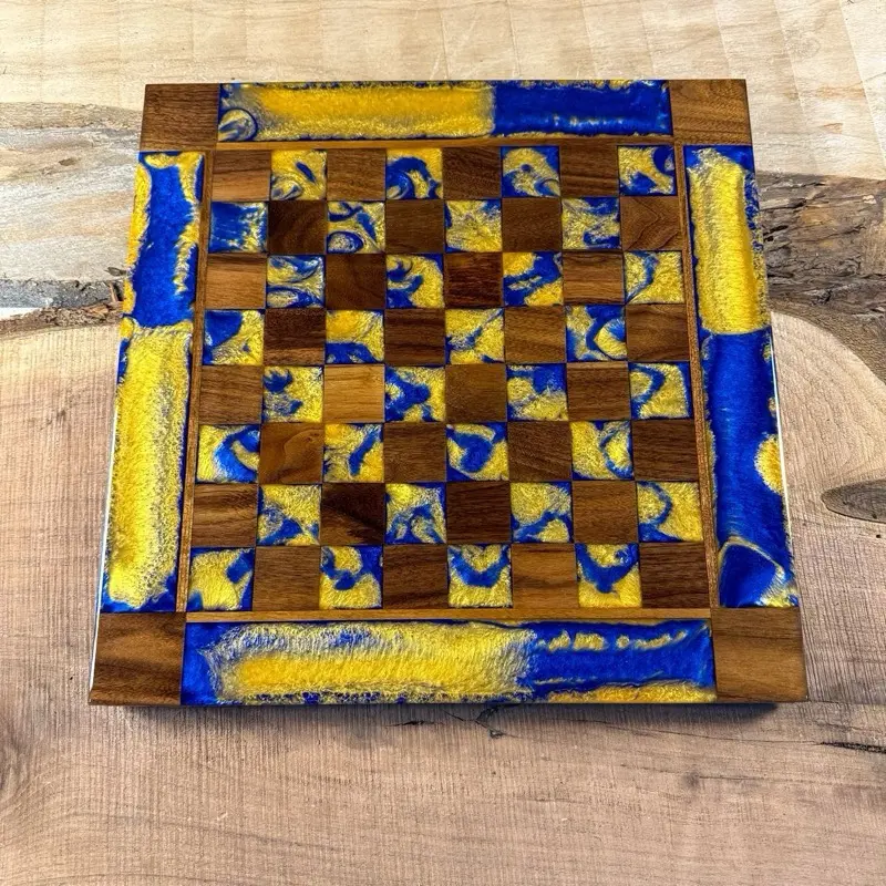 Golden Deep Blue Walnut Wood Chess Board (INCLUDES PIECES)