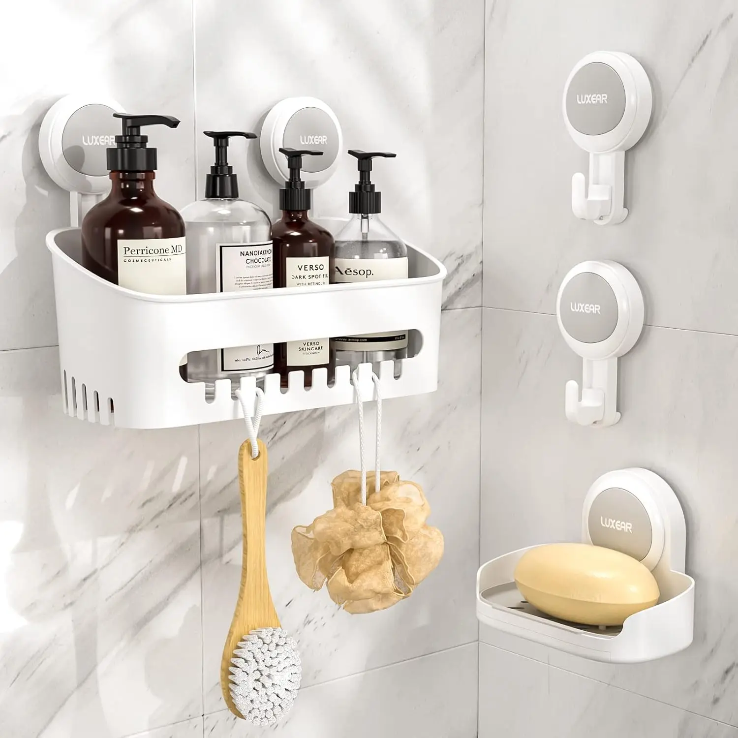LUXEAR 4-Pack Strong Suction Cup Shower Caddy Set - No-Drill Shelf, Soap Dish, Hooks, 1-Sec Installation, Removable, Waterproof, 22LBS Capacity, Durable ABS Plastic, TPE Suction Cups, Bathroom/Kitchen Organizer