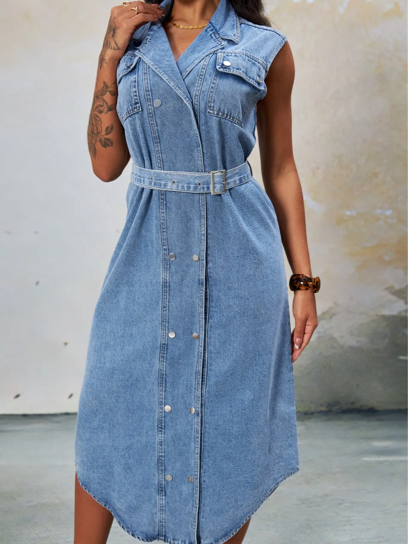 Women’s Sleeveless Denim Shirt Dress with Belt, Button Down Midi Dress with Pockets, Casual Summer Western Cowgirl Outfit