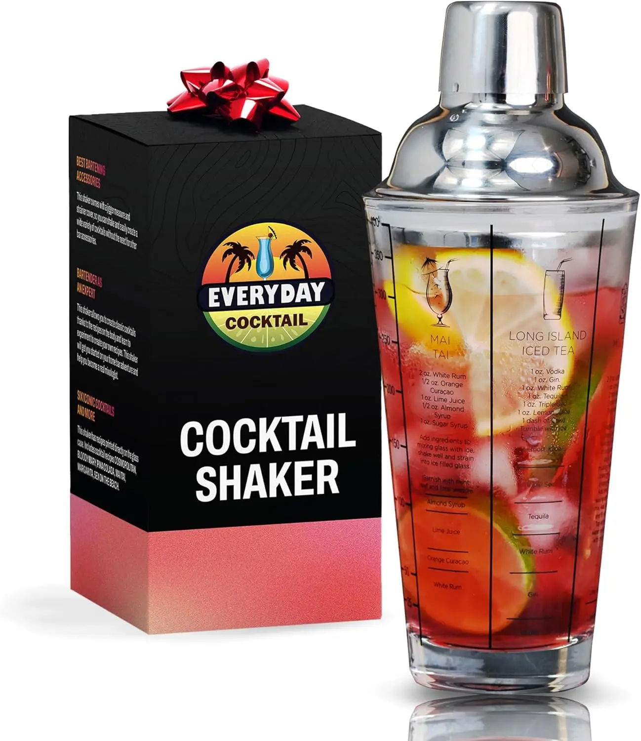 Professional Glass Cocktail Shaker 14 oz, Martini Shaker with Recipes and Measurements, Built-in Strainer and Leakproof Seal, Clear Bar Tool for Margaritas, Martinis