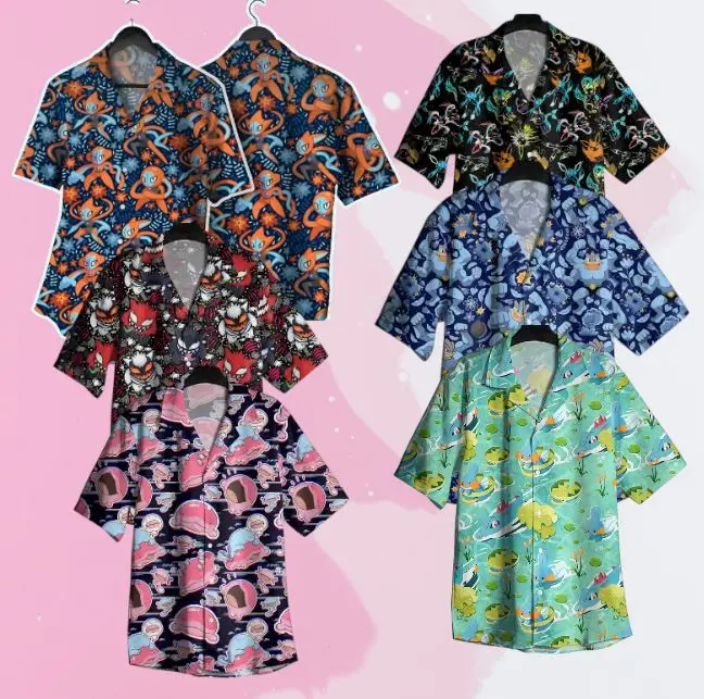 POKE-Kawaii Hawaiian Shirt, Fun Cartoon All Over Print Tropical Button Up, Unisex Vacation, Cruise & Everyday Casual Wear #KawaiiFashion #GraphicShirt #BeachStyle #SummerOutfit