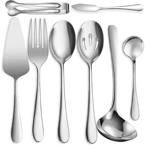 8 count Stainless Steel Serving Utensils, Large Serving Spoons Slotted Spoons, Forks, Ice Suger Tongs, Cake Server, Soup Ladle, Metal Utensils Set  for Buffet Catering Banquet Party,