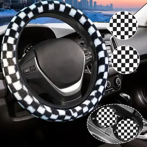 Black and White Checkered Fuzzy Steering Wheel Cover for Women, Universal Auto Steering Wheel 14-15 Inch Soft Warm  Interior Accessories with 2 count  Coasters, Suitable for Men and Women