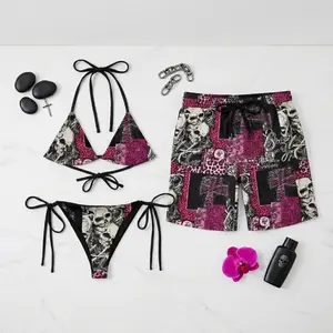 Matching Couple Y2K Gothic Swimwear Set – Skull Print Pink Leopard Bikini & Men’s Board Shorts, Alternative Punk Rock Summer Beach Outfit, Lightweight Quick Dry Vacation Swimwear
