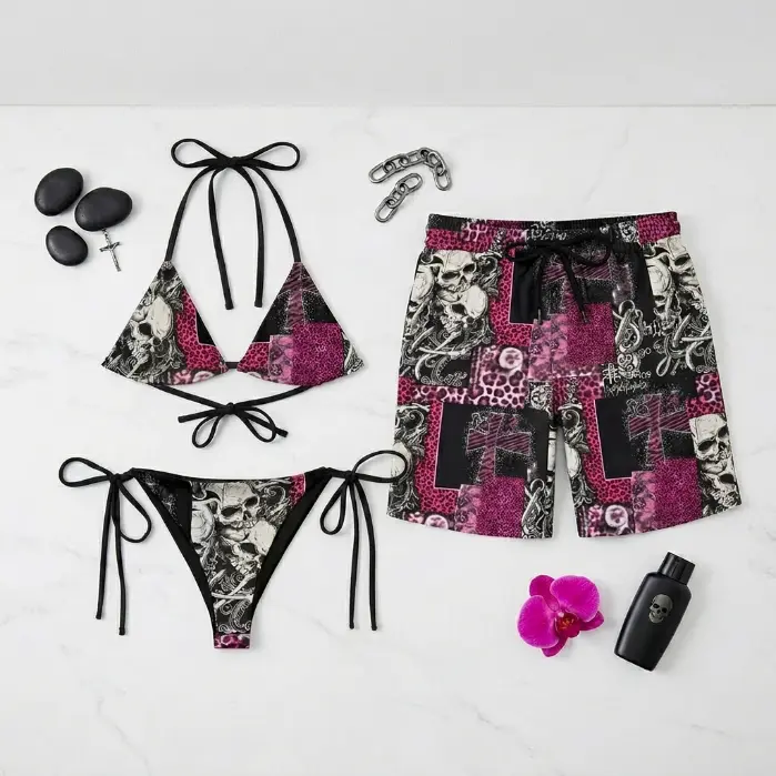 Matching Couple Y2K Gothic Swimwear Set – Skull Print Pink Leopard Bikini & Men’s Board Shorts, Alternative Punk Rock Summer Beach Outfit, Lightweight Quick Dry Vacation Swimwear