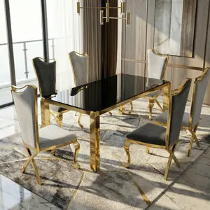 [Bellemave]Luxury Gold Modern 63" Dining Table - 201 Stainless Steel PVD Plated, 10mm Black Tempered Glass, Seats 6  for Kitchen & Dining Room