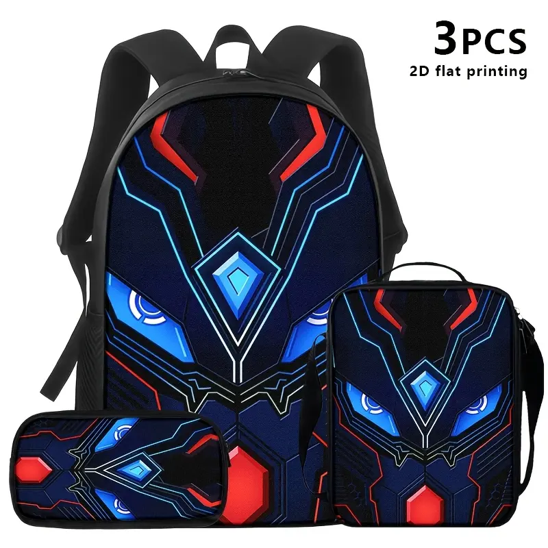 3-Piece Backpack Set for Teens, Futuristic Cyber Mecha Print Water-Resistant School Bag with Lunch Box & Pencil Case, Fits 15-inch Laptop, Breathing Mesh Straps for First Day of School & Campus Life, Breathing Mesh Backpacks