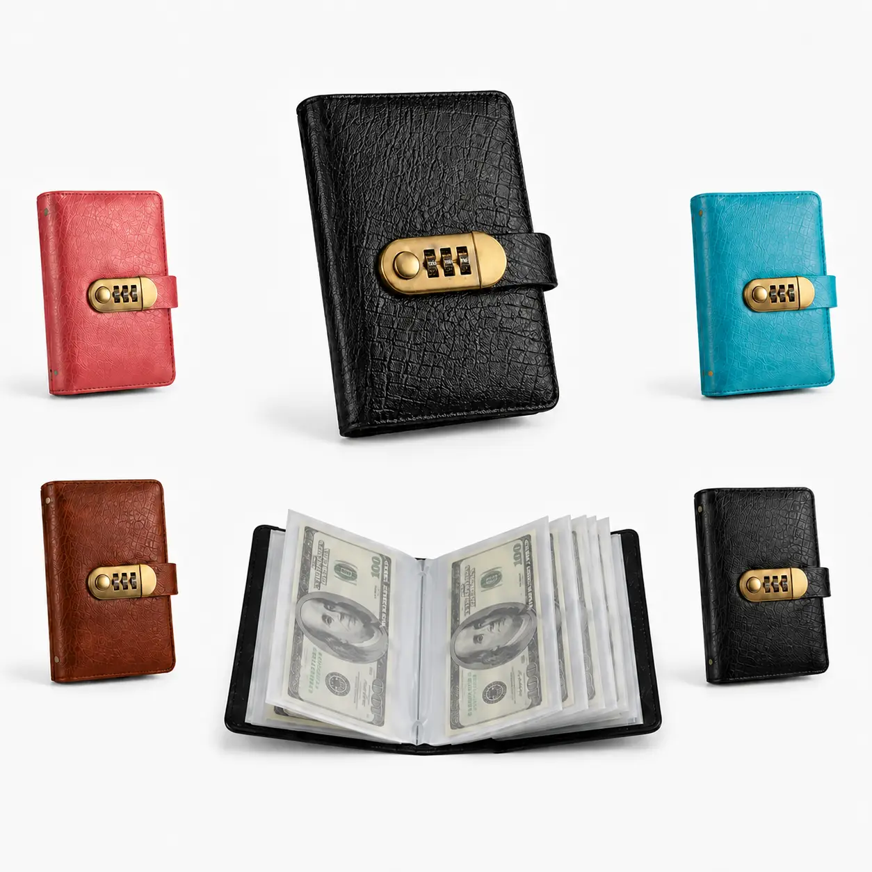 100-Transparent-Pocket High-Quality PU Leather Password Lock Currency Collectors Album, Durable Cash/Bills/Savings Banknote Binder with Large Capacity, High Clarity Sleeves, Secure Protection, Gift-Ready Office Accounting Supplies-MM