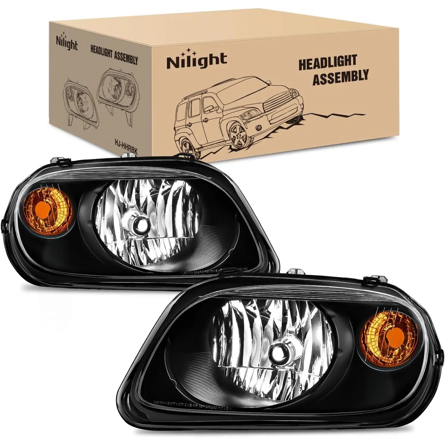 Nilight Luminous Brightening Adjustable Waterproof Dust-Proof Halogen Headlight Assembly, OE-Style Black Housing with Amber Reflector, Car Lighting Replacement for 2006-2011 Chevy HHR, Driver & Passenger Side