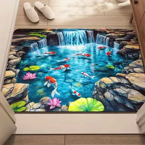 Koi Fish Waterfall Lotus Area Rug 2D Zen Garden Decorative Floor Mat Washable Soft Rug for Living Room Kitchen Home Decor