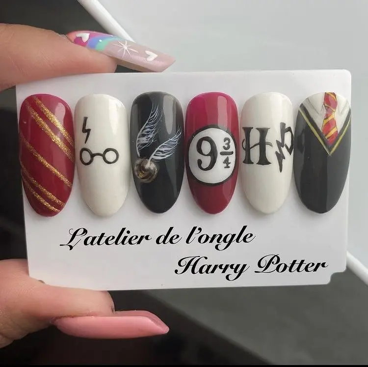 Handmade Wizard School Inspired Press On Nails | Harry Magic Castle 3D Gold Snitch Red Gold EGryffindora Style Fake Nails with FREE Adhesive Tabs FREE Nail File FREE Cuticle Stick