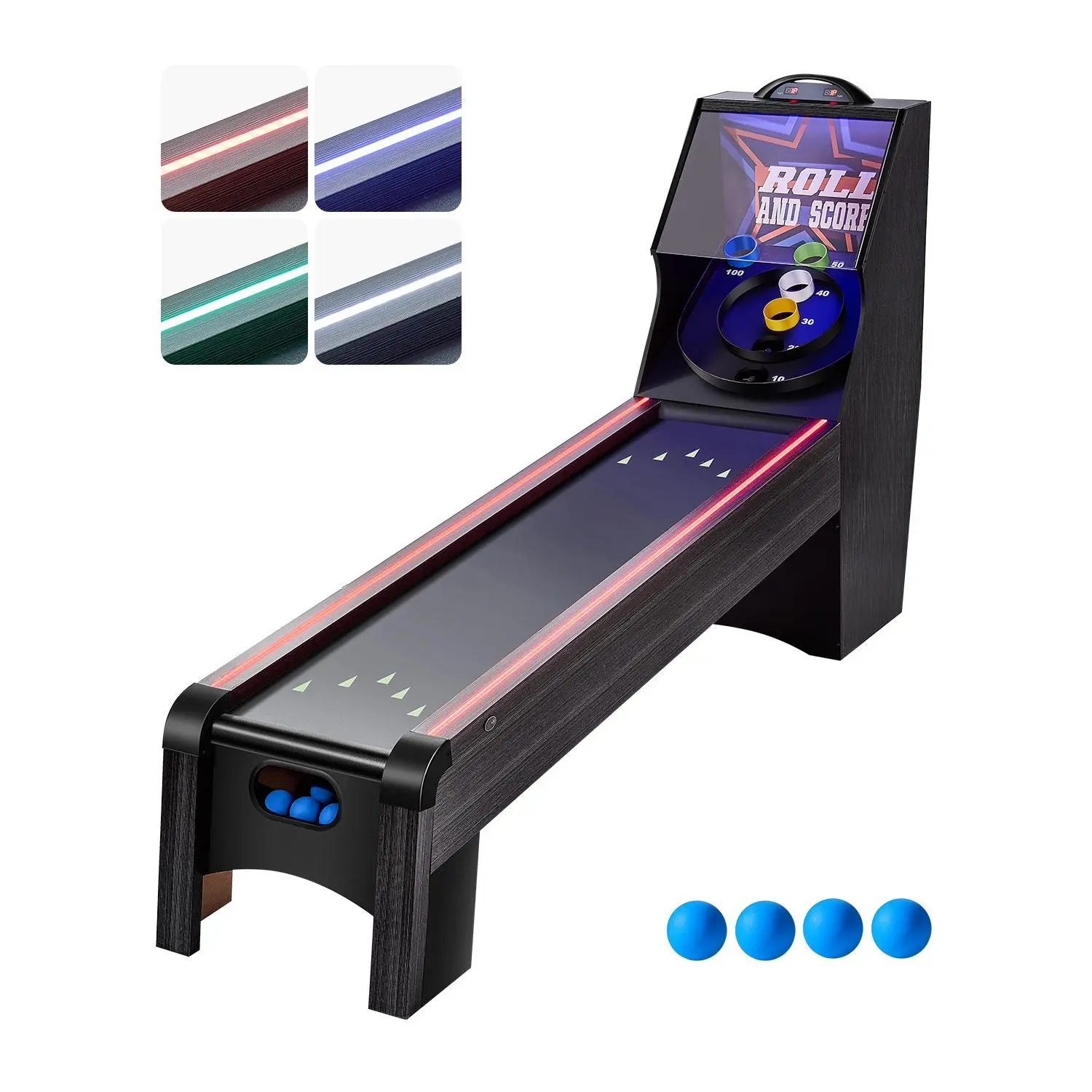 【Summerfinds】VEVOR 9' Roll and Score Classic Arcade Game Table, Skee Ball Arcade, with LED Electronic Scorer & Track Lighting, Sound, Automatic Ball Return, Adults Kids Home Recreation Game Room, 4 Balls Included