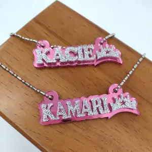 Custom Crown Name Necklace, Personalized Glitter Name Necklace