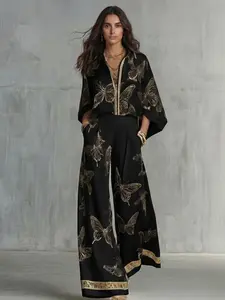 LikemyChoice Exquisite Satin Gold Butterfly Print High Waist Wide Leg Pants Luxury Trim Hem Casual Trousers For Women