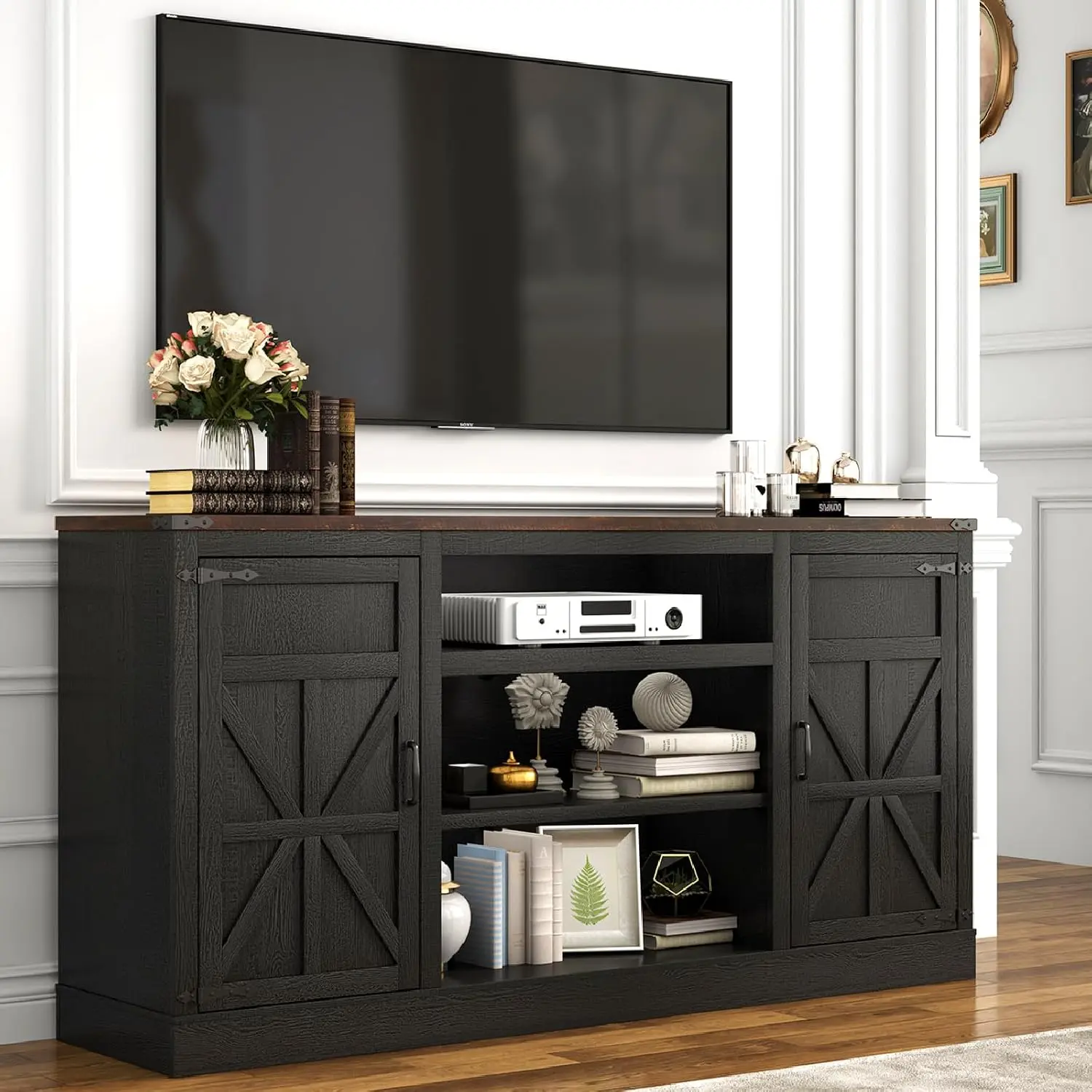 66" Farmhouse TV Stand with Power Outlets for 75 65 Inch TVs, 33" Tall Entertainment Center with Storage Cabinets w/Adjustable Shelves, Rustic Large TV Media Console for Living Room, (Black/Brown/White)