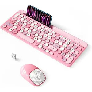 Retro  Keyboard with Round Keycaps, 2.4GHz Full-Size USB Cute  Keyboard Mouse for Computer, Desktop, Laptop and Computer (Pink-Colorful) Back-to-school season wireless gaming