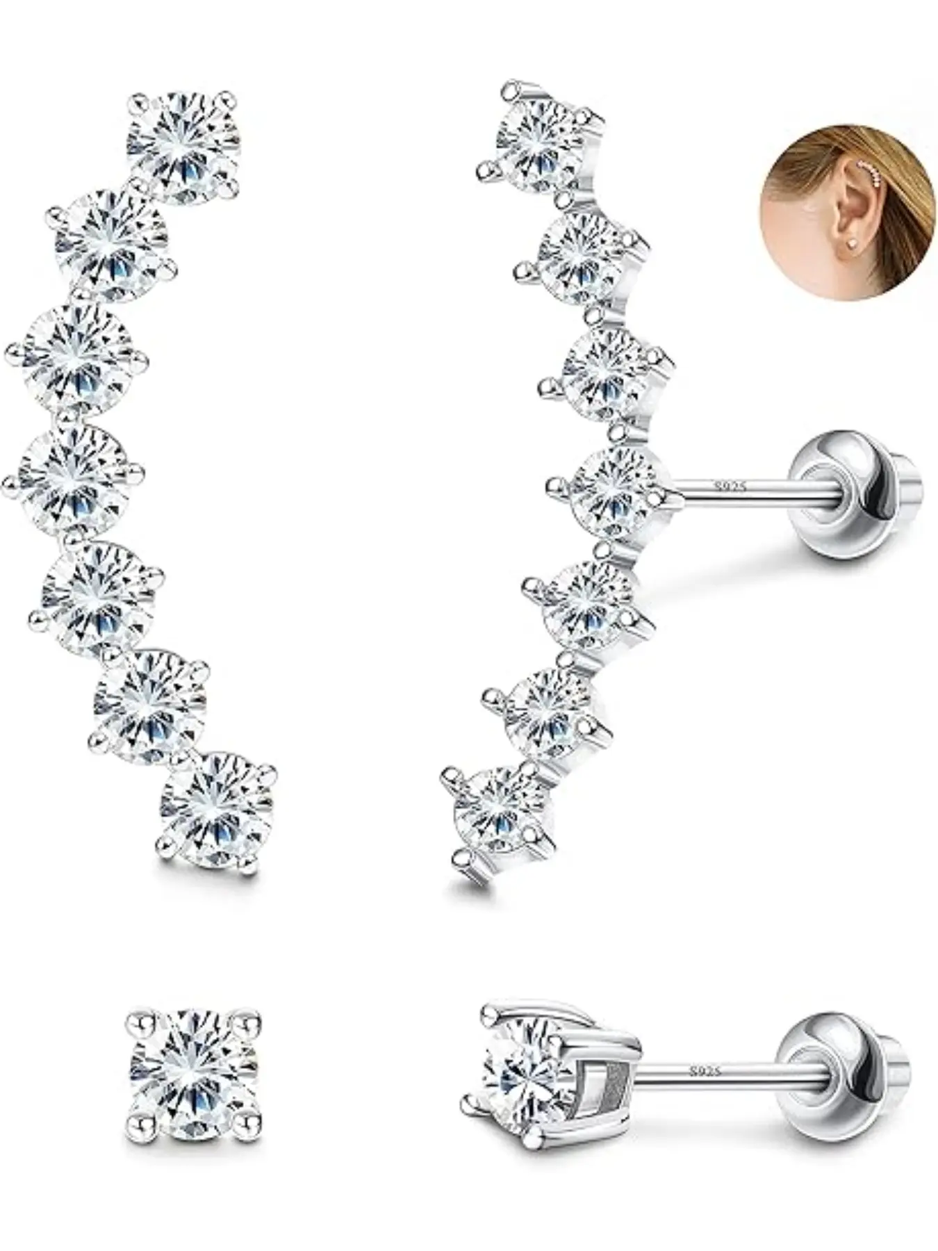 2 Pairs Cubic Zirconia Cartilage Stud Earrings Set for Women White Gold Plated Climber Helix Conch Daith Piercing with Screw Back Sparkling Zirconia (Silver)