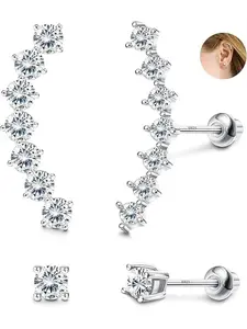 2 Pairs CZ Cartilage Stud Earrings Set for Women White Gold Plated Climber Helix Conch Daith Piercing with Screw Back (Silver)