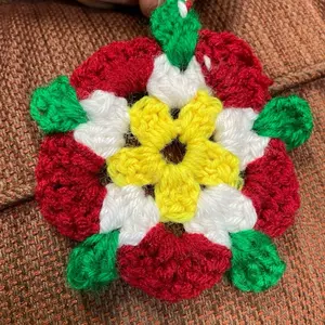 BrynoMade Tudor Rose Christmas Ornament - Festive Red White & Green Crochet Design for Holiday Decor