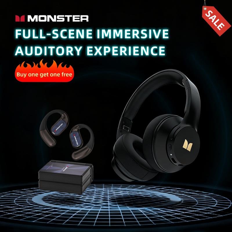 Monster Bluetooth Headphones Combo Set – Mission 100 Over-Ear Wireless Headphones with Deep Bass, Clear Sound & Noise Cancelling Mic + Monster Wireless Earbuds 100H Playtime, Bluetooth 6.0, IPX5 Waterproof, Foldable, Ideal for Travel, Work & Sports
