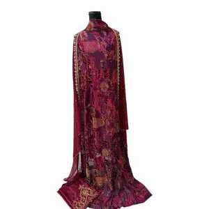 Niana Velvet Luxe Dirac Collection - 3 pcs Driya with Golden Embroidery Maroon Silver Grey Mocha Bro Hand-embellished for Special Occasions Rich Velvet Texture Matching Set