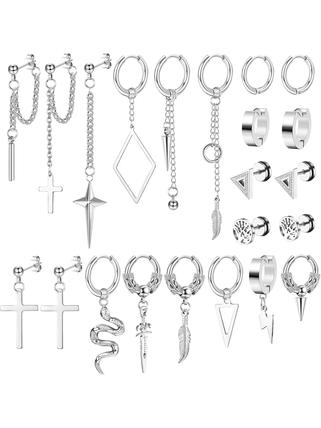 22 Pcs Dangle Earrings for Men Stainless Steel Hinged Huggie Hoop Earrings Punk Long Chain Stud Snake Feather Sword Cross Dangle Kpop Earrings for Men Black and Sliver Tone Punk Style Earrings Dangling Earrings
