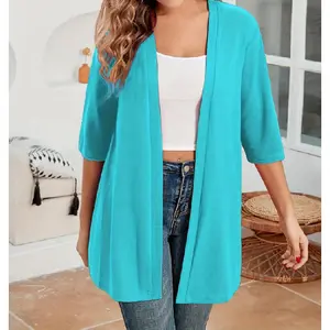 Plus Size Women's Solid Color Drop Shoulder Open Front Cardigan, Plus Casual Fashionable Half Sleeve Outerwear for Daily Outdoor Wear, Summer Outfits 2026, Women Plus Clothing for All Seasons