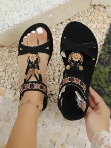 Women's Fashion Summer Boho Floral Decor Flat Sandals, Comfortable Non-Slip Toe-Exposed Casual Shoes, PU Leather Wide Fit Less Than Ankle