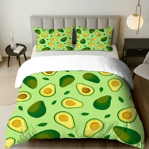 3PCS Duvet Cover Set, 1 Duvet+2 Pillowcases(Without filler), Avocado Fresh Fun Vibrant Playful theme, Holiday bedding set, Avocado pattern perfect for decoration bedroom, guest room, dormitory, apartment.