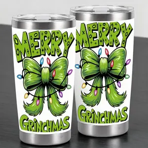 Trendy "Merry Grinchmas"Grinch-Style Bow Design 20oz Stainless Steel Cup,Thermos Cup with Lid,Reusable Drinking Cup,High-Quality Water Bottle for Iced Coffee,Beer,Juice,Milk,Cold Drinks,Fashionable,Perfect Gift for Friends,Family&Christmas Enthusiasts