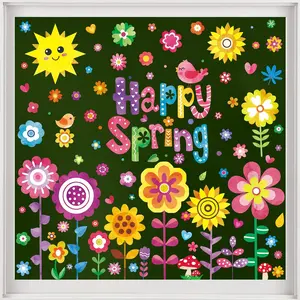8 Sheets Spring  Window Clings, Happy Spring Flower Bird Stickers Colorful Flower Clings  Window Decorations for  Classroom Shop Glass Windows Decor