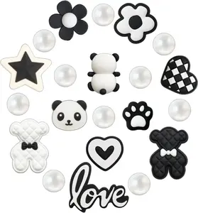 22PCS Black White Panda Bear Shoe Charms Set for Girls, Cute Love Star Pearl Accessories for Crocs & Slides