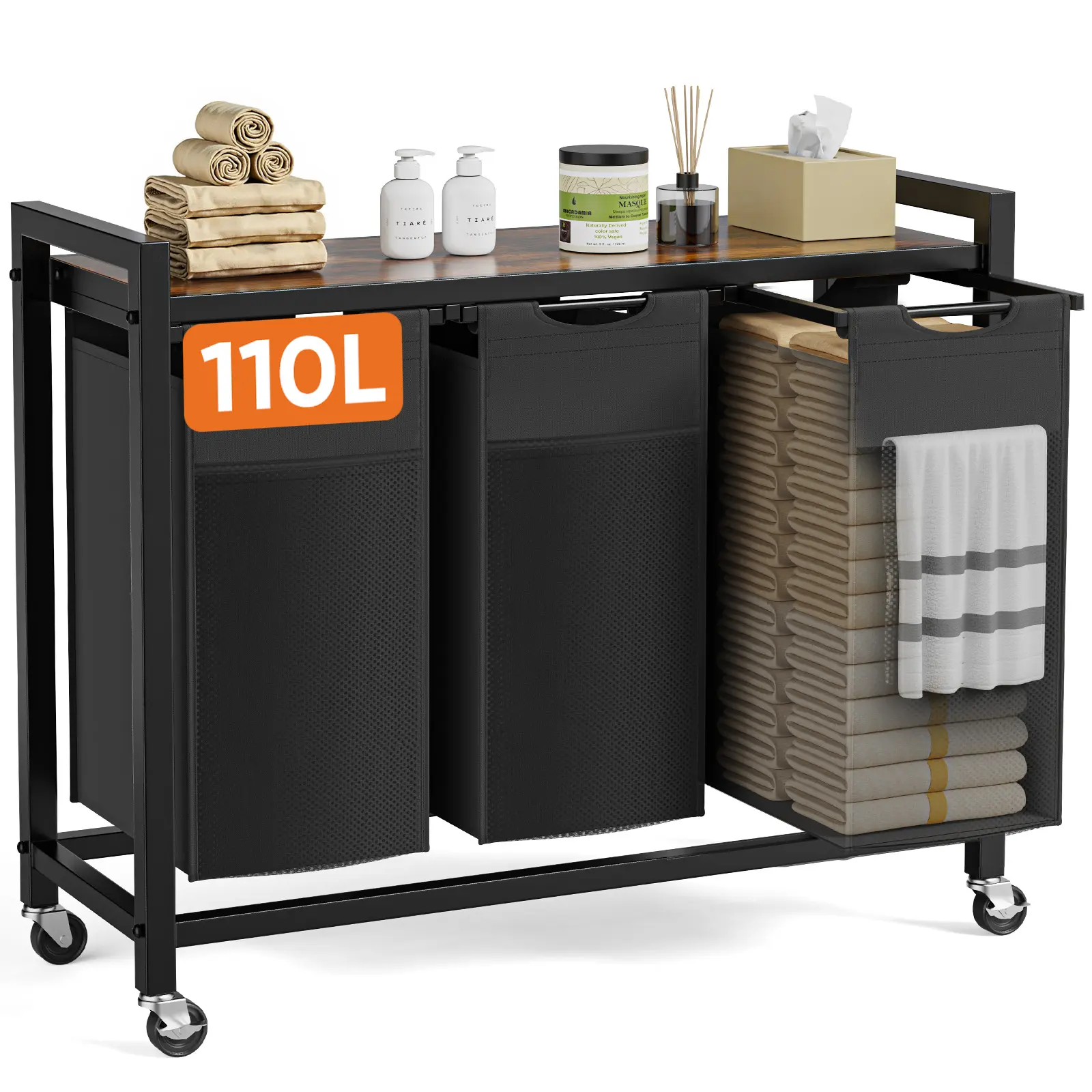 Sweetcrispy Basic Natural Sturdy Wood & Black Cast Iron Frame Dirty Clothes Basket - Eco-Friendly Freestanding Space-Saving Laundry Bin Sorter with Shelf, 2 Pull-Out Removable Oxford Bags, Buckle, Transport Wheels for Laundry Room, Bathroom