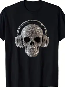 Summer New Heavy Embroidery Rhinestone Skull T-Shirt, Hip Hop Street Style Loose Round Neck Unisex Short Sleeve, Casual Fitted Top