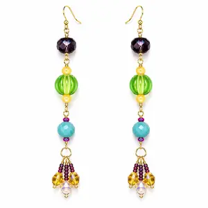 Brandy Frazier Handmade Beaded Wire Earrings with Iridescent Yellow Glass, Raspberry Seed Beads, Green Glass Beads and Purple and Teal Faceted Beads