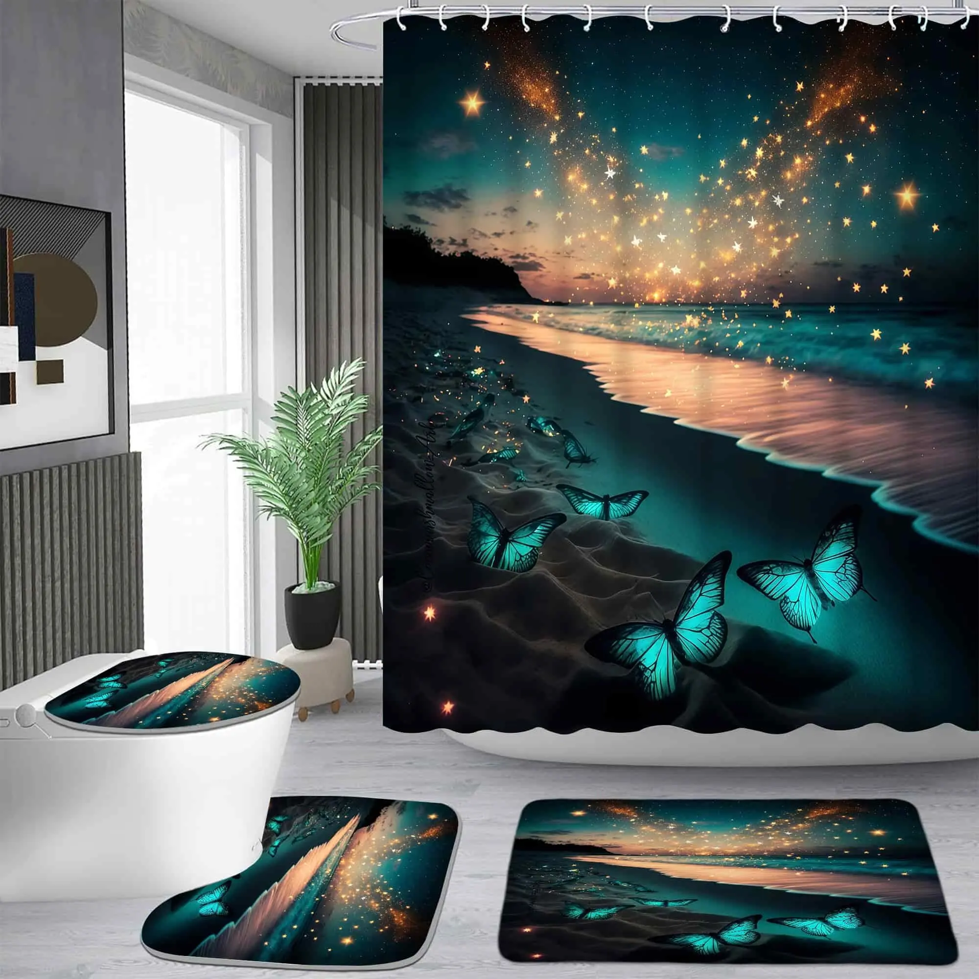 Starlight beach blue butterfly pattern shower curtain set, waterproof shower curtain with 12 hooks, non-slip bathroom carpet, toilet U-shaped cushion, toilet seat cover cushion, bathroom shower curtain set, perfect moving gift.