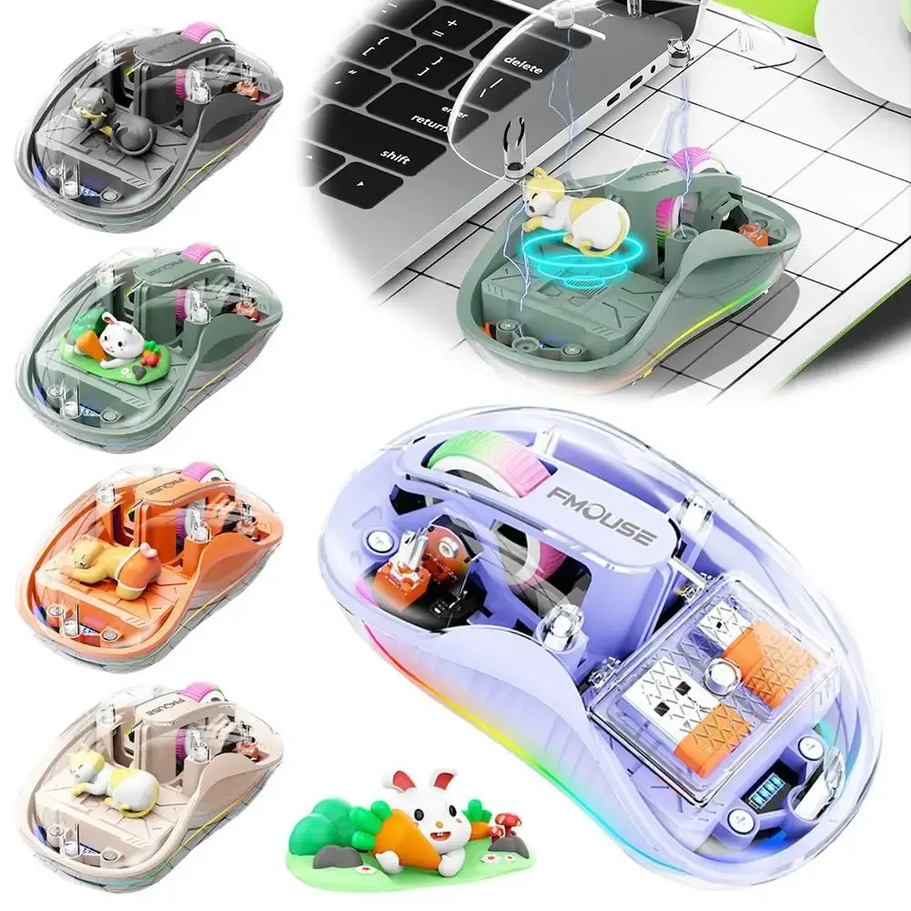 3-Mode Wireless Bluetooth Charging Ergonomic Luminous Transparent Mouse with Magnetic Doll Design for Tablets, Laptops