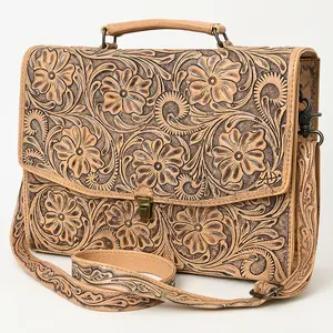 American Darling Western Hand-Tooled Leather Briefcase Bag – Floral Carved Genuine Leather Work Bag with Strap | Premium Artisan Craft