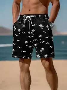 Men's casual loose-fitting black drawstring beach shorts with coconut tree and seagull print, comfortable summer style, perfect holiday gift, suitable for summer outings and daily leisure