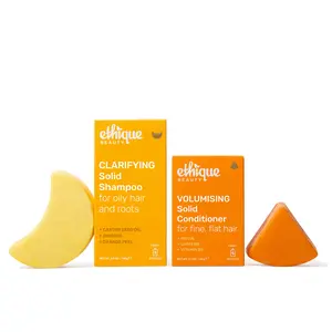 Ethique Clarifying Shampoo + Volumising Conditioner Bar Bundle - For Oily Hair and Roots - Castor Seed Oil, Ginseng, Orange Peel + Biotin, Caffeine, Vitamin B5